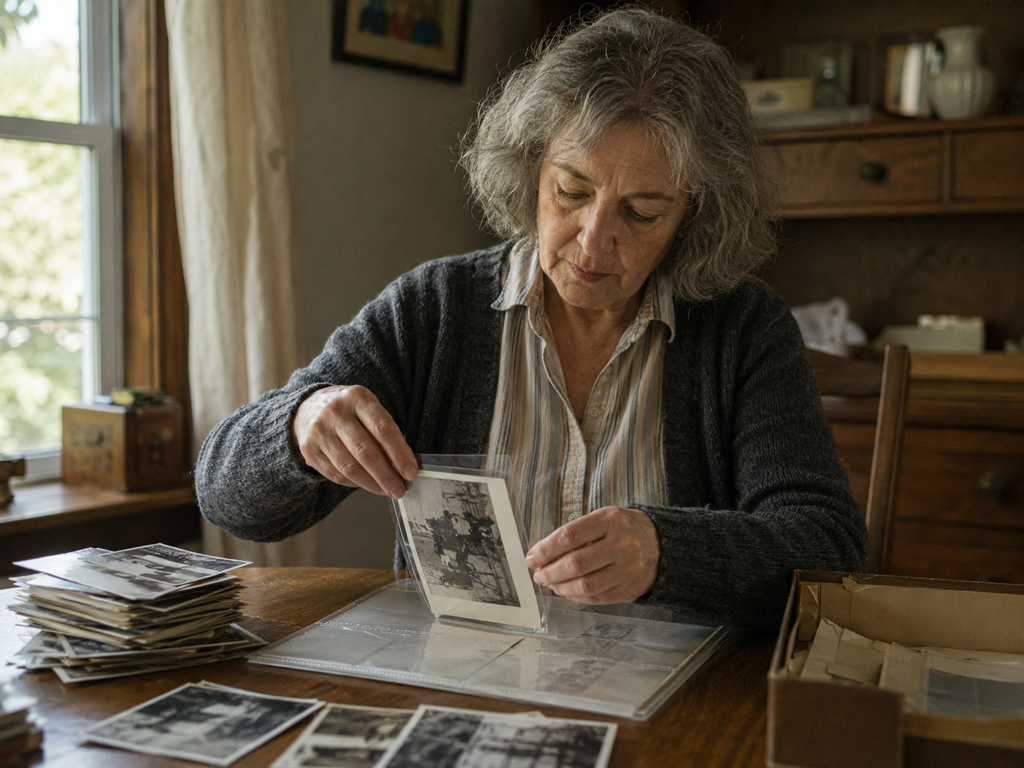 Family archivist restoring faded blurry faces in a stack of scanned old prints