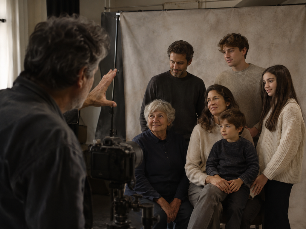Photographer checking restored faces in a client group portrait before print delivery
