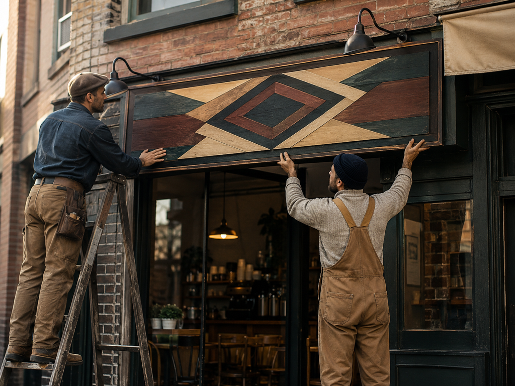Small business owner enlarging a single low resolution logo for a storefront sign