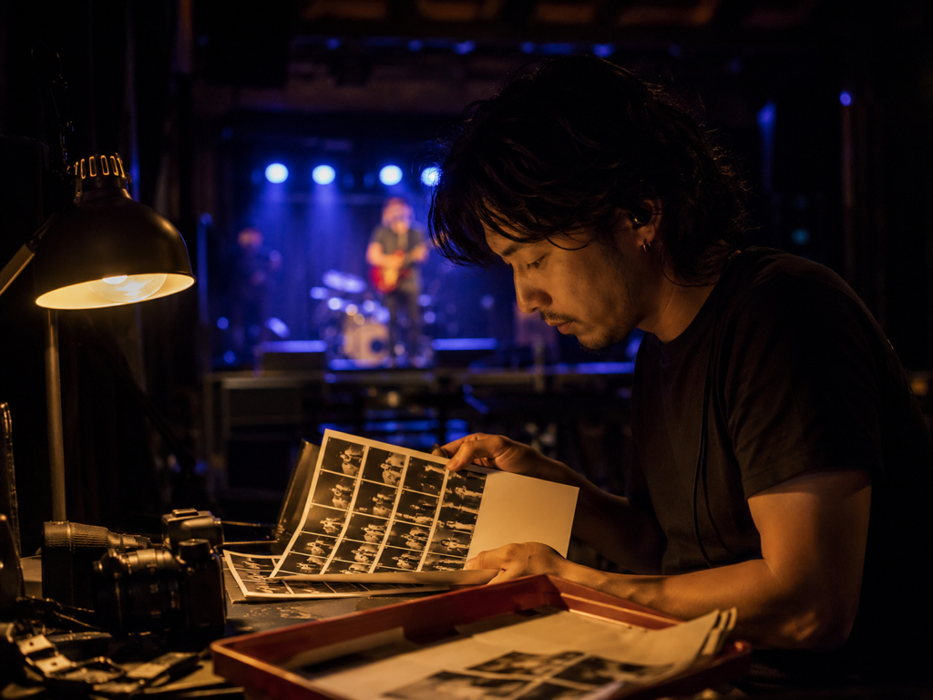 Event photographer reviewing a denoised low light concert shot on a laptop