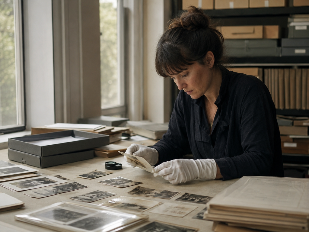 Archivist batch cleaning grain from scanned family photo prints on a screen