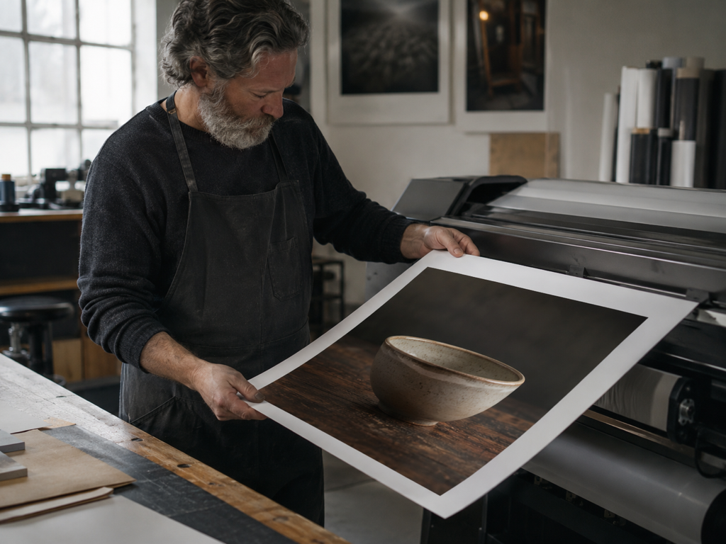 Clean denoised product photo enlarged toward 8K for a print run