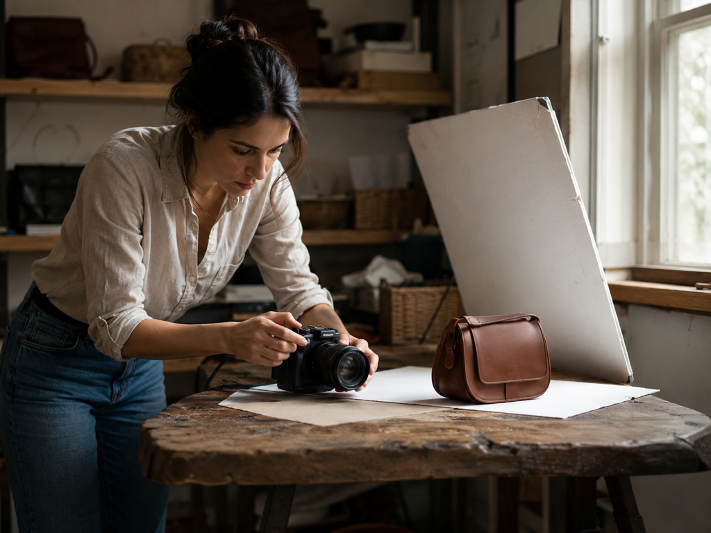 Online seller checking a soft focus product photo before a listing goes live