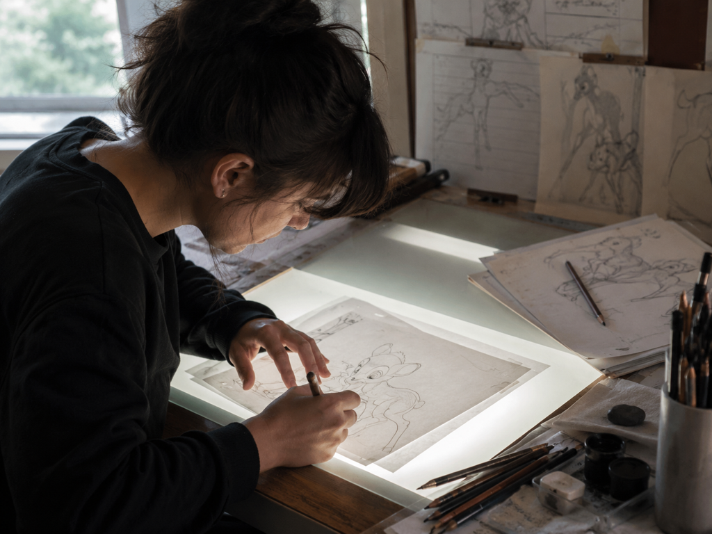 Anime creator cleaning soft line work on a render before enlarging for a feed